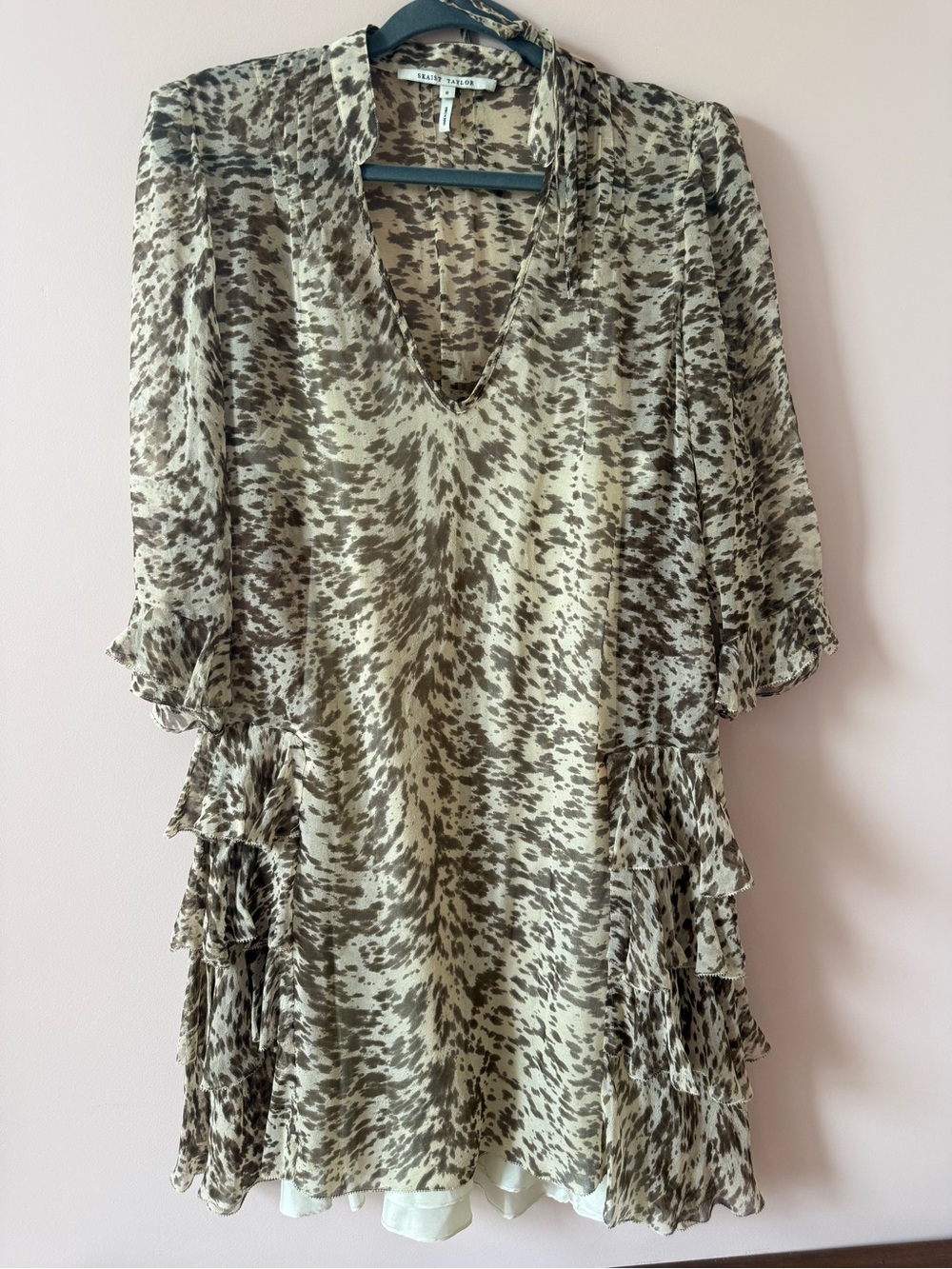 Skaist Taylor Olive and Beige Ruffle-Side V-Neck Tunic